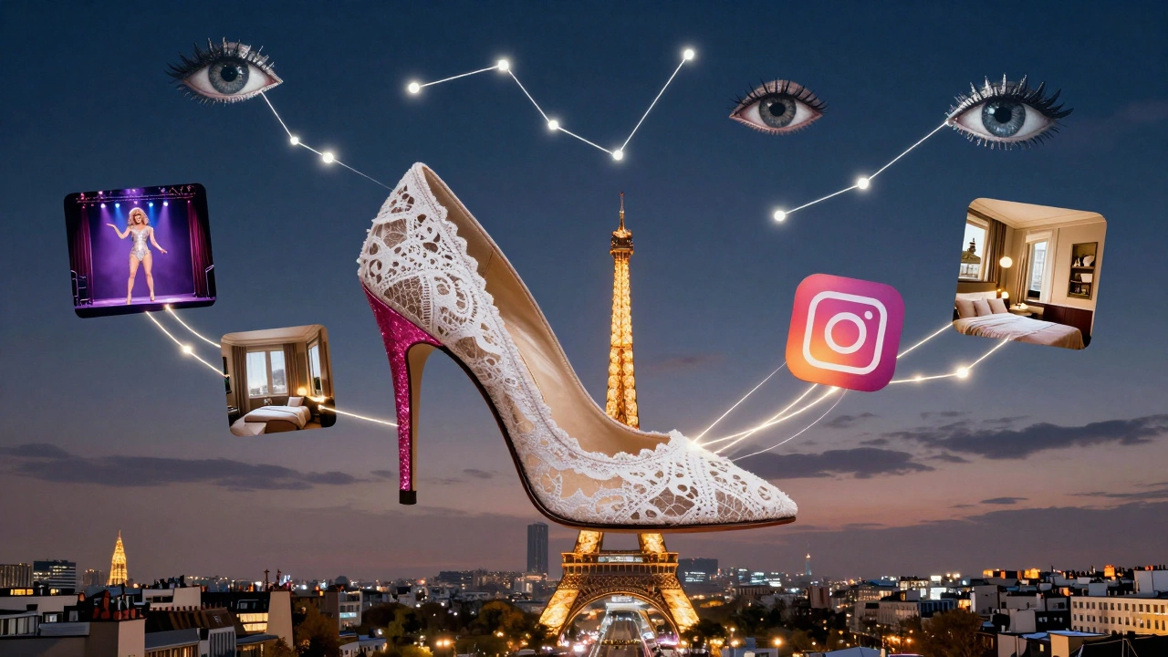 A single floating high heel above Paris transforms into scenes of drag, sex work, and social media, connected by glittering threads.