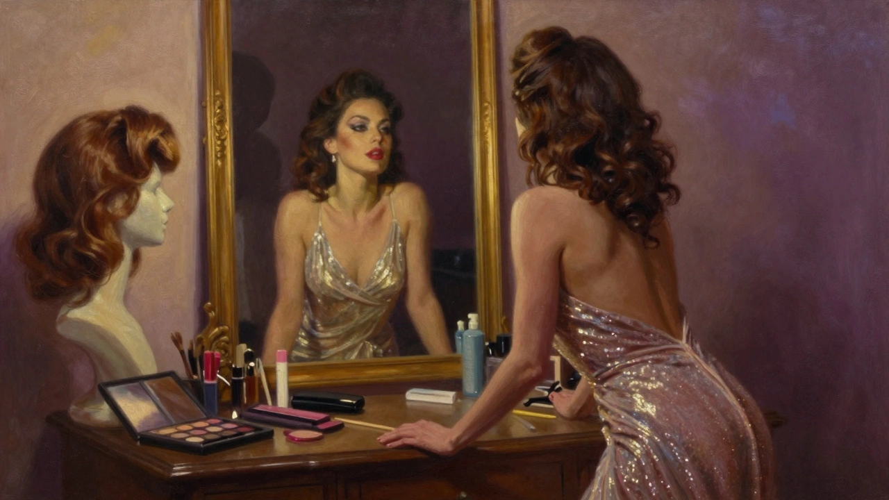 An artistically painted femme performer gazes into a mirror, her reflection blending with a client&#039;s shadow in a softly lit studio.